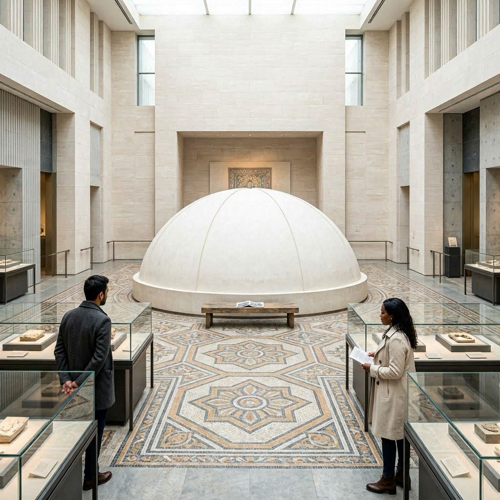 Minimalist interior capture of the Aga Khan Museum, clean lines framing the ornate mosaic floor, central white dome structure as focal point, two diverse visitors studying artifacts in sleek glass displays, soft diffused daylight, monochromatic stone palette, 50mm prime lens for intimate composition.