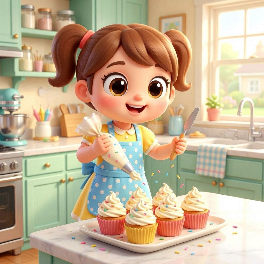 A cheerful animated girl wearing a polka-dot apron decorating cupcakes in a bright kitchen from a cooking game for girls, frosting swirls and sprinkles mid-air, high-key lighting, rendered in stylized 3D with exaggerated cute proportions.