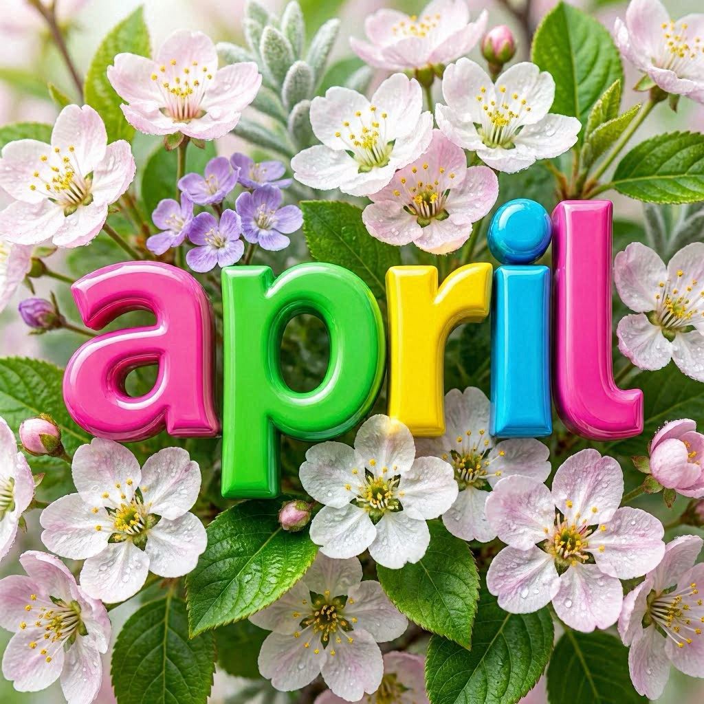 "The word ""APRIL"" in bold 3D letters painted in vibrant colors, surrounded by close-up blossoms and lush foliage on a transparent background, rendered in ultra-realistic style with soft natural light and shallow depth of field, Octane Render for crisp detail."