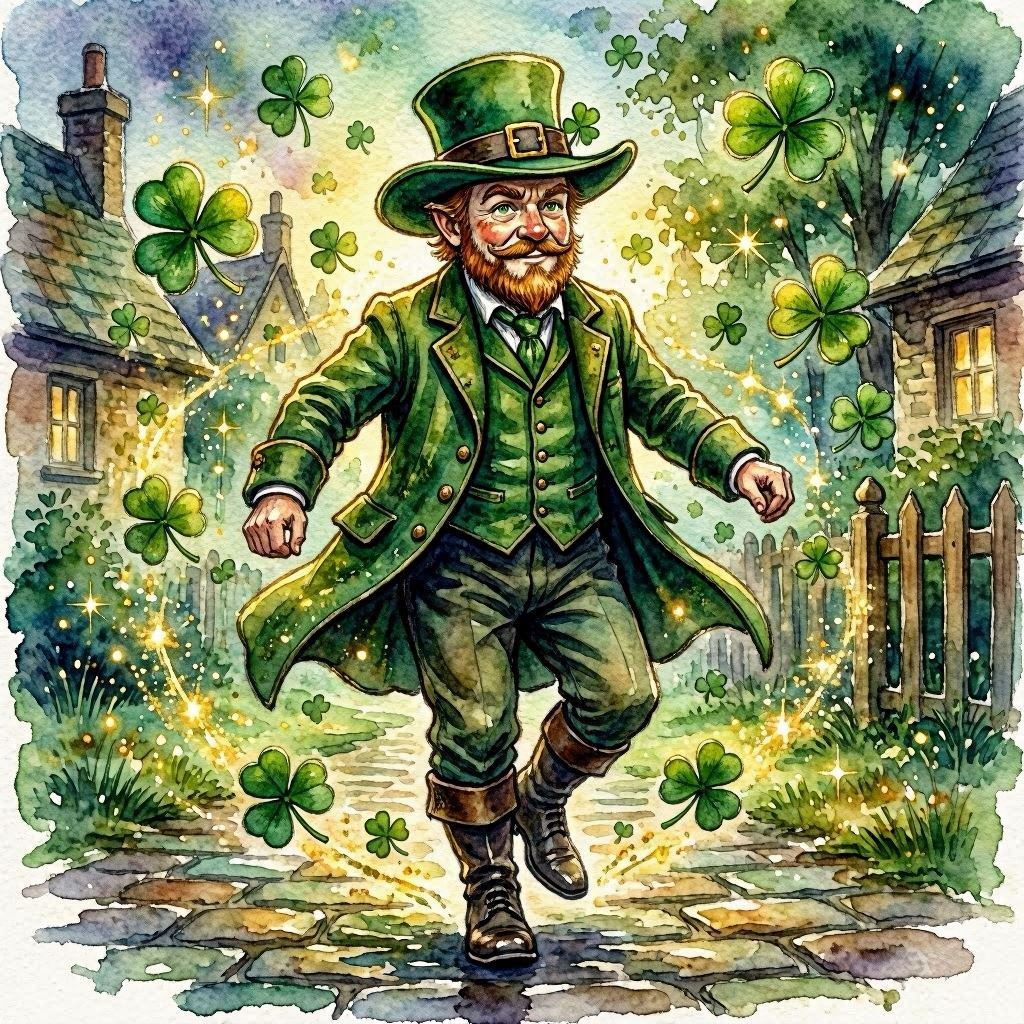 A dancing leprechaun with twinkling eyes, green waistcoat, and jaunty hat spinning amidst a flurry of floating shamrocks, illuminated by magical sparkles, rendered in high-contrast watercolor with complementary greens and golds, mid-motion blur for energy.